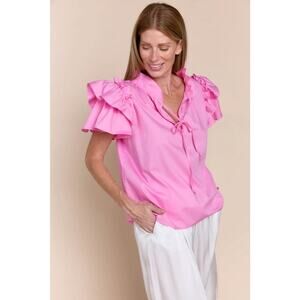 Sofia One Size Kata Italian Luxury Hot Pink Cotton V Neck Ruffle Sleeve Top NWT